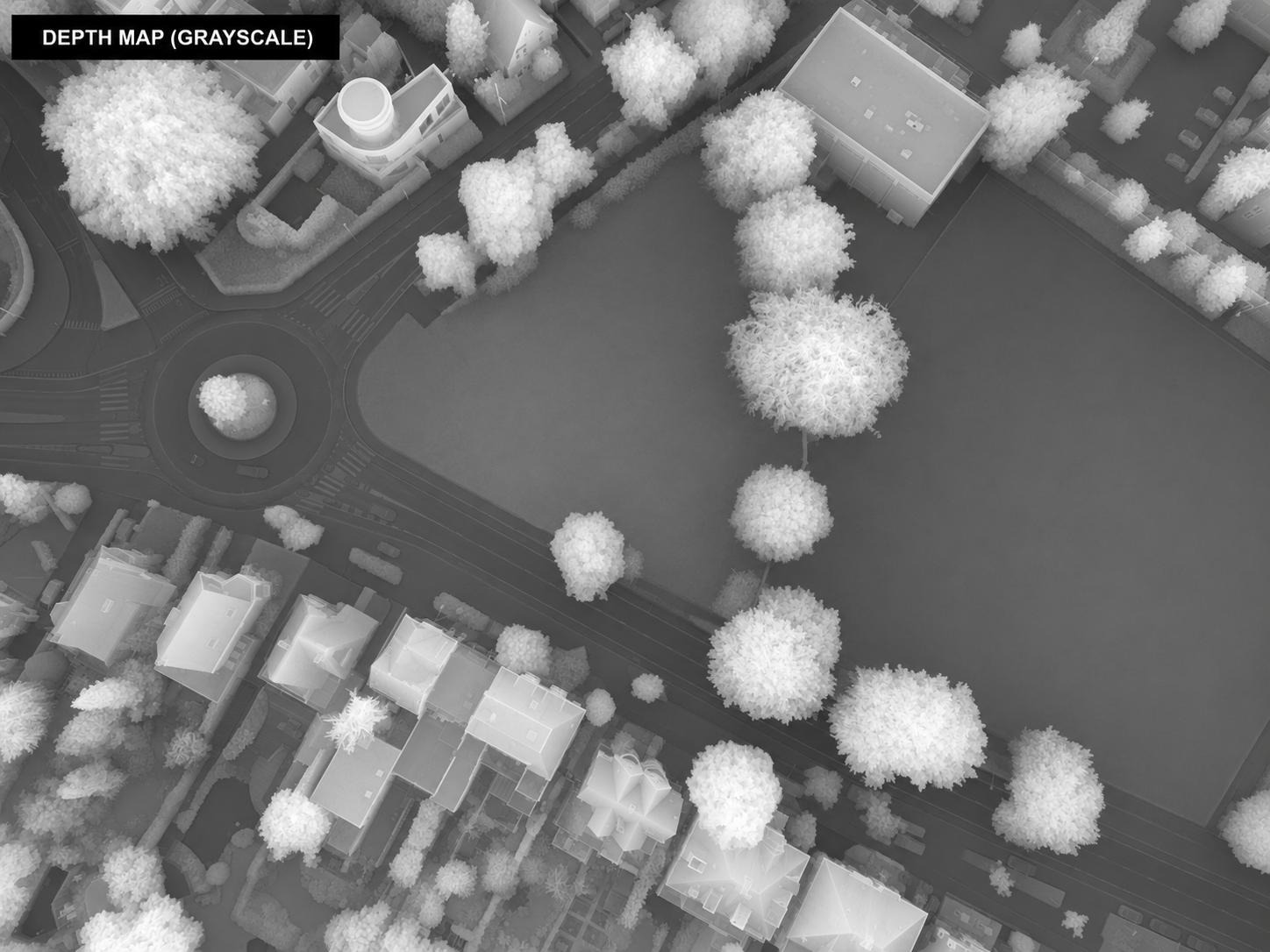 Depth map, grayscale rendering of the same drone-view scene